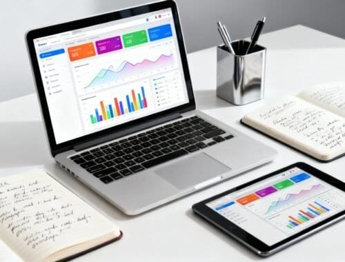 Bright laptop and tablet displaying website analytics with notebooks and pen holder on a white desk for digital marketing and website management.