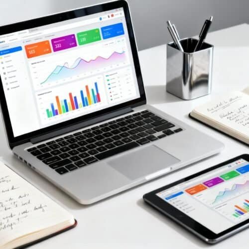 Bright laptop and tablet displaying website analytics with notebooks and pen holder on a white desk for digital marketing and website management.