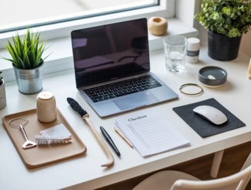 Laptop on a clean white desk with plants, office supplies, and a checklist, arranged near a window, creating an organized and productive workspace.