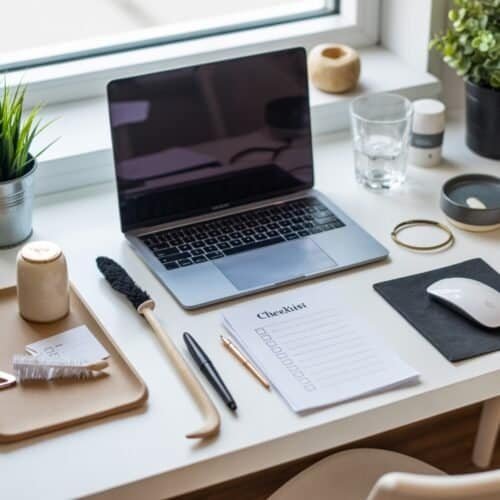 Laptop on a clean white desk with plants, office supplies, and a checklist, arranged near a window, creating an organized and productive workspace.