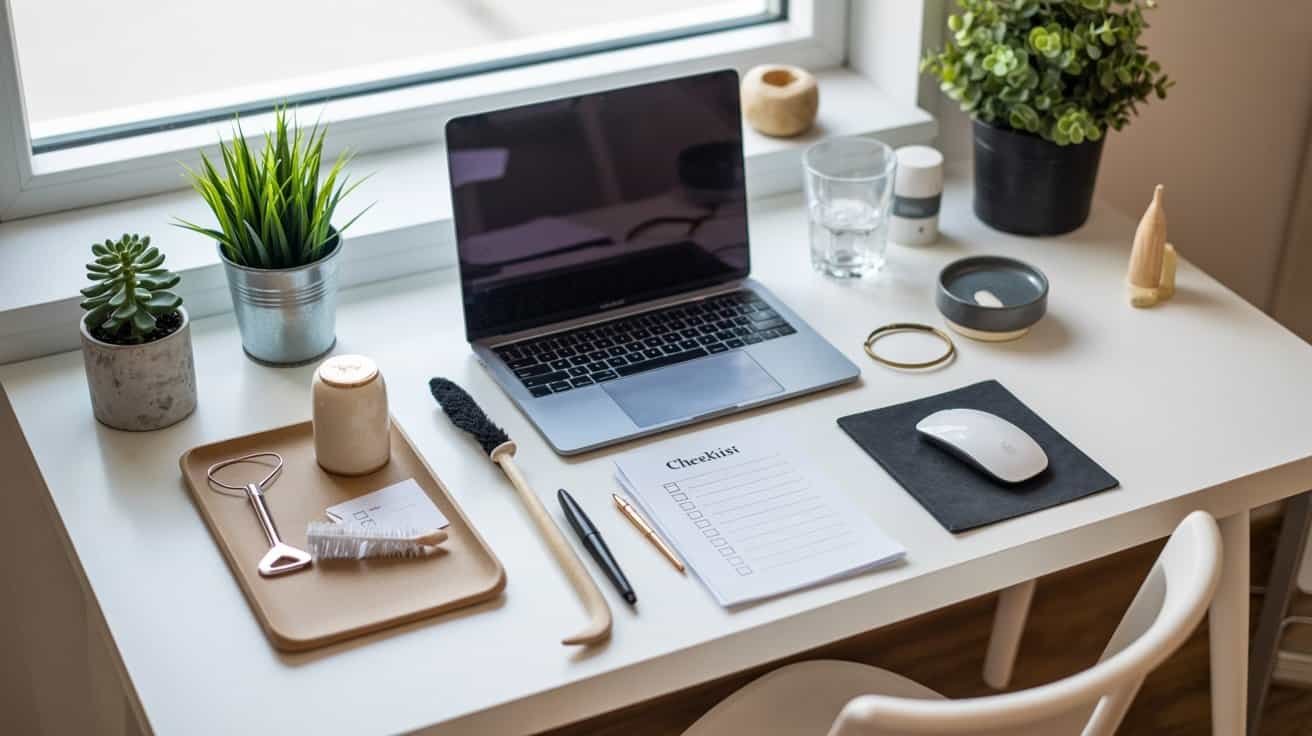 Laptop on a clean white desk with plants, office supplies, and a checklist, arranged near a window, creating an organized and productive workspace.