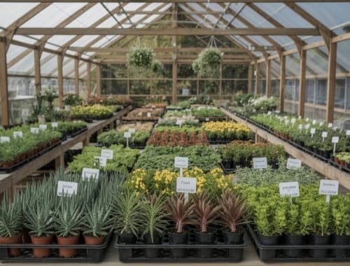 Succulent and flowering plants organized in trays inside a greenhouse with wooden framing and hanging greenery.