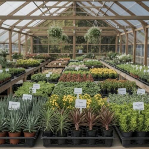 Succulent and flowering plants organized in trays inside a greenhouse with wooden framing and hanging greenery.