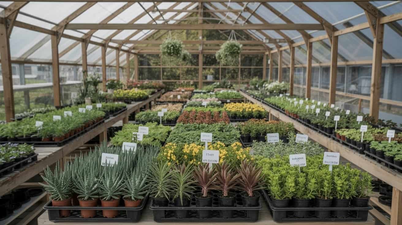 Succulent and flowering plants organized in trays inside a greenhouse with wooden framing and hanging greenery.