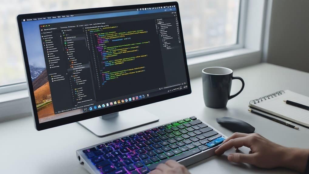 Code editing on a desktop computer for website development with a colorful keyboard and coding interface.