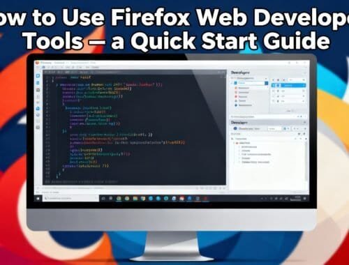 Firefox web developer tools tutorial on computer screen with code, quick start guide for website development using Firefox developer tools, graphical interface for web designers and programmers.