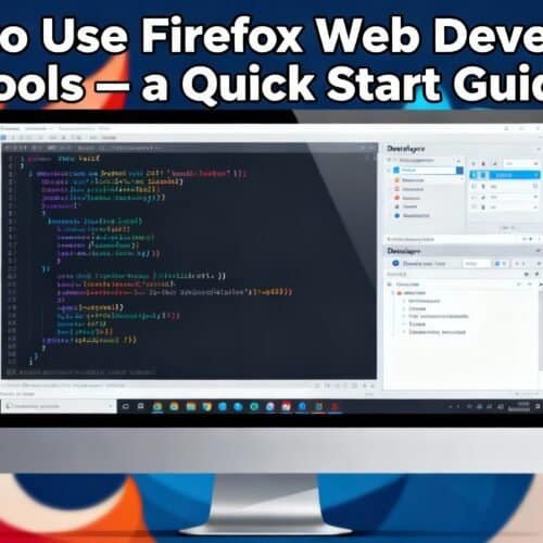 Firefox web developer tools tutorial on computer screen with code, quick start guide for website development using Firefox developer tools, graphical interface for web designers and programmers.
