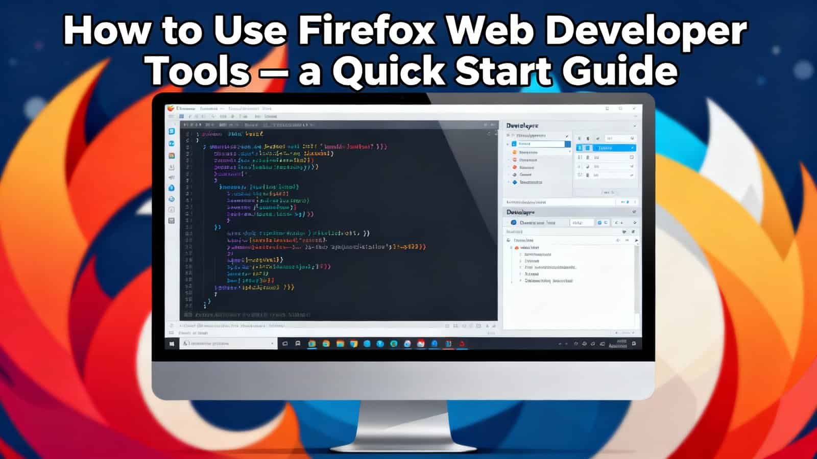 Firefox web developer tools tutorial on computer screen with code, quick start guide for website development using Firefox developer tools, graphical interface for web designers and programmers.