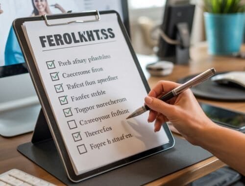 Ferolhhtss, checklist on digital tablet for website tools and products, office workspace with computer and stationery, SEO-optimized image for website tools guide, relevance.