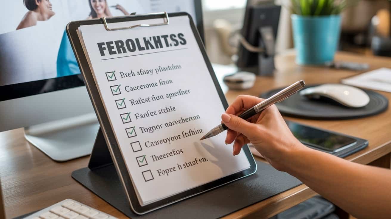 Ferolhhtss, checklist on digital tablet for website tools and products, office workspace with computer and stationery, SEO-optimized image for website tools guide, relevance.