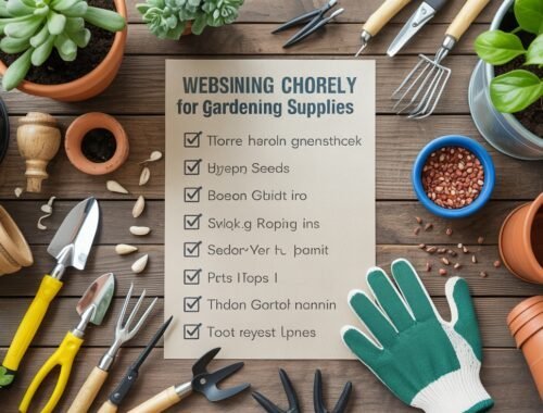 Colorful gardening tools and potted plants arranged on a wooden surface with a checklist for gardening supplies.