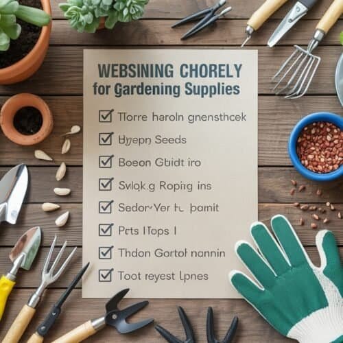 Colorful gardening tools and potted plants arranged on a wooden surface with a checklist for gardening supplies.