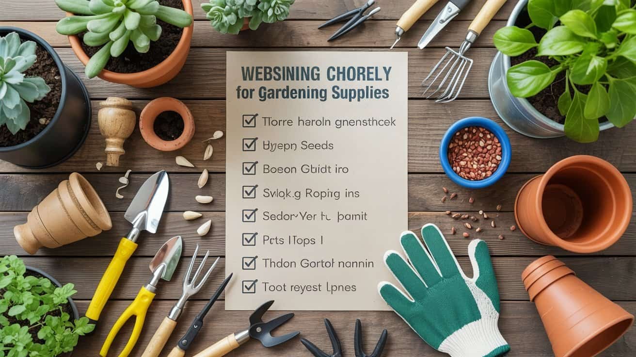 Colorful gardening tools and potted plants arranged on a wooden surface with a checklist for gardening supplies.
