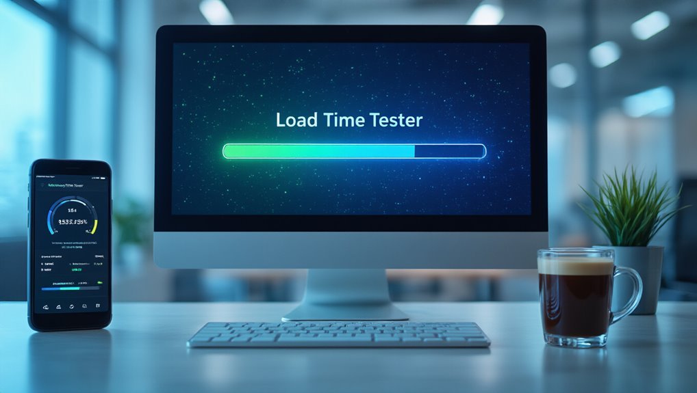 Load time tester on computer screen and smartphone for website performance analysis.