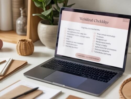 Rugged laptop displaying a checklist on a tidy workspace with notebooks, pens, vases, and woven decor items for a modern digital workspace environment.
