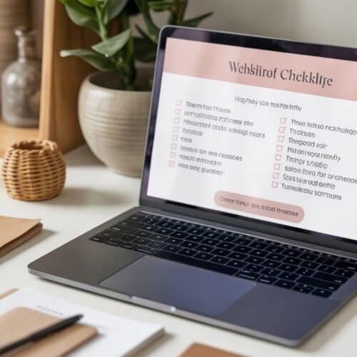 Rugged laptop displaying a checklist on a tidy workspace with notebooks, pens, vases, and woven decor items for a modern digital workspace environment.