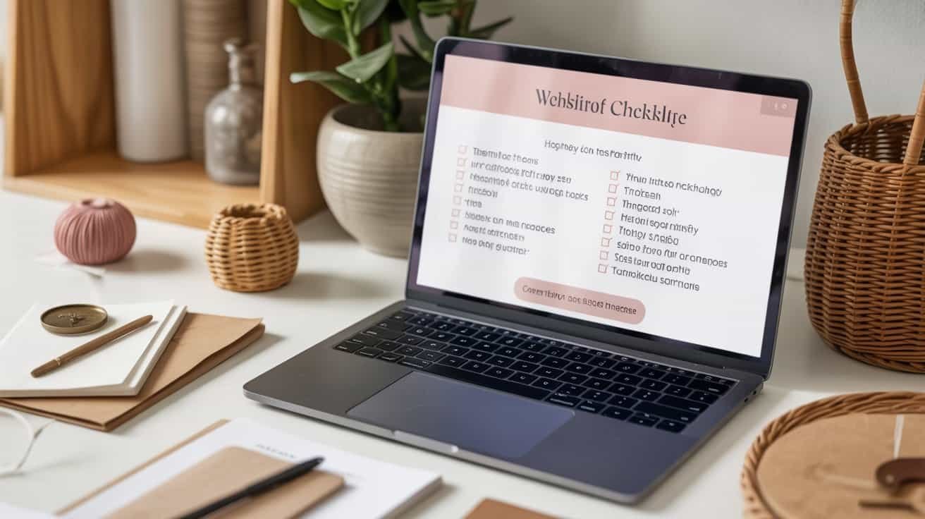 Rugged laptop displaying a checklist on a tidy workspace with notebooks, pens, vases, and woven decor items for a modern digital workspace environment.