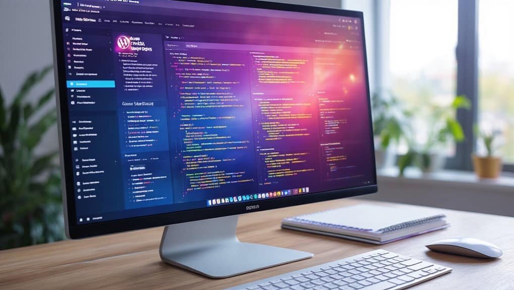 Code editing on a modern computer screen displaying HTML and CSS code, with a notepad and mouse on a wooden desk, office background with natural light and plants.