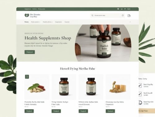 Natural health supplements shop website homepage with herbal products and supplements display, green leafy background, clean design, and health-focused branding.