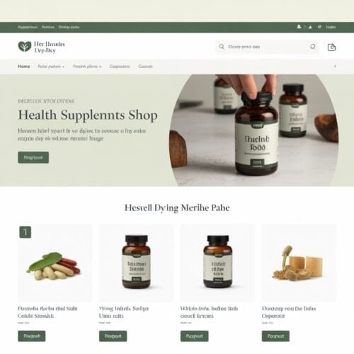 Natural health supplements shop website homepage with herbal products and supplements display, green leafy background, clean design, and health-focused branding.