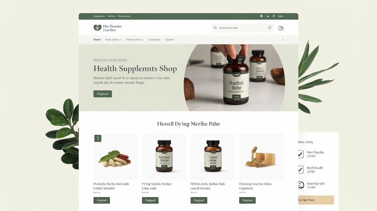 Natural health supplements shop website homepage with herbal products and supplements display, green leafy background, clean design, and health-focused branding.