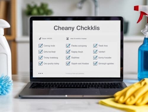 Cheapy Checklist displayed on a laptop screen with cleaning supplies around it.