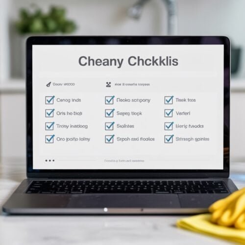 Cheapy Checklist displayed on a laptop screen with cleaning supplies around it.