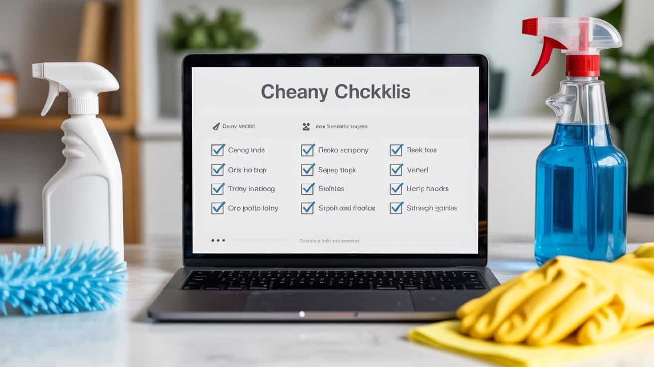 Website Checklist for Home Cleaning Service 1 Cheapy Checklist displayed on a laptop screen with cleaning supplies around it.