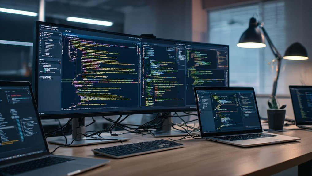 High-tech workspace with dual monitors displaying colorful coding lines, laptops, and modern desk accessories in a professional office environment.