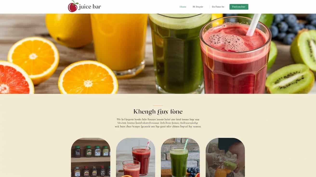 Website Checklist for Juice Bar 1 Fresh fruit juices in colorful glasses surrounded by sliced citrus fruits, kiwifruit, and berries; vibrant healthy beverages displayed in a cozy setting, ideal for juice bar and health shop branding.