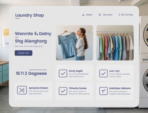 Laundry shop digital interface, clothing store app, laundry management system, interactive laundry service, laundry app interface with clothes icons and checkmarks.