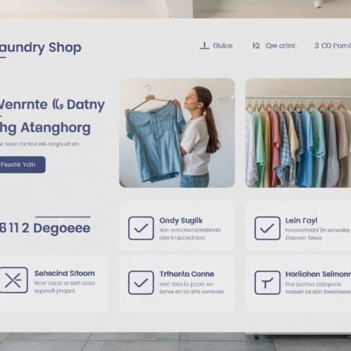 Website Checklist for Laundry Store 9 Laundry shop digital interface, clothing store app, laundry management system, interactive laundry service, laundry app interface with clothes icons and checkmarks.