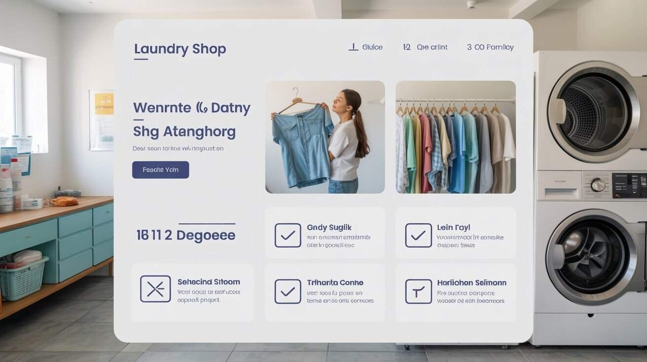 Laundry shop digital interface, clothing store app, laundry management system, interactive laundry service, laundry app interface with clothes icons and checkmarks.
