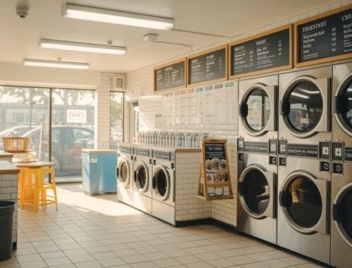 Clean laundromat with multiple washing machines, sitting area, and large windows letting in sunlight, city view in the background.