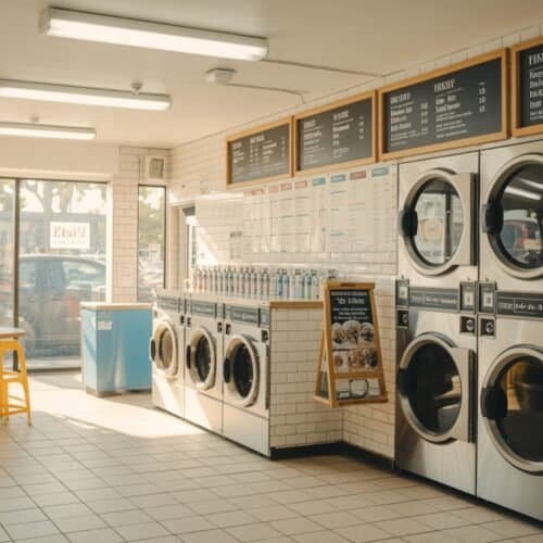 Clean laundromat with multiple washing machines, sitting area, and large windows letting in sunlight, city view in the background.