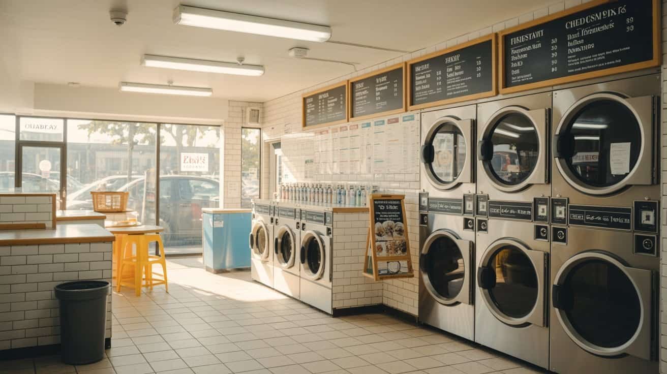 Website Checklist for Laundry Shop 1 Clean laundromat with multiple washing machines, sitting area, and large windows letting in sunlight, city view in the background.