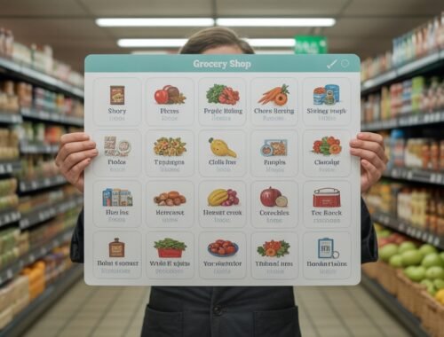 Fresh grocery shopping app interface showcasing various food categories for an online supermarket. Perfect image for promoting digital grocery shopping tools and food delivery services.