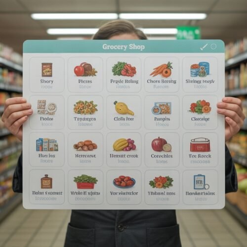 Fresh grocery shopping app interface showcasing various food categories for an online supermarket. Perfect image for promoting digital grocery shopping tools and food delivery services.