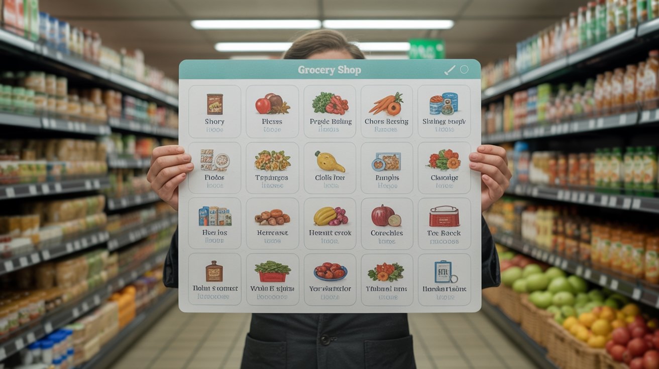 Fresh grocery shopping app interface showcasing various food categories for an online supermarket. Perfect image for promoting digital grocery shopping tools and food delivery services.