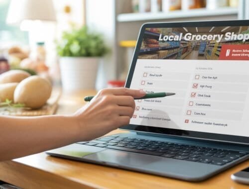 Website tool interface displaying a grocery shopping checklist on a tablet at a kitchen counter.