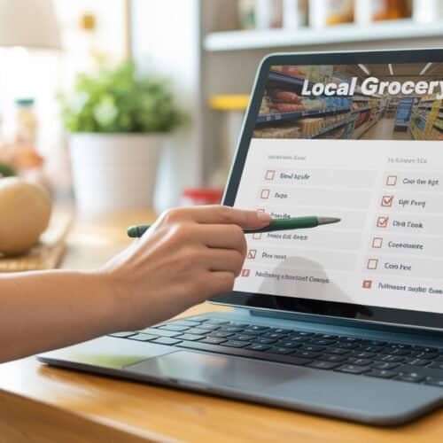 Website tool interface displaying a grocery shopping checklist on a tablet at a kitchen counter.