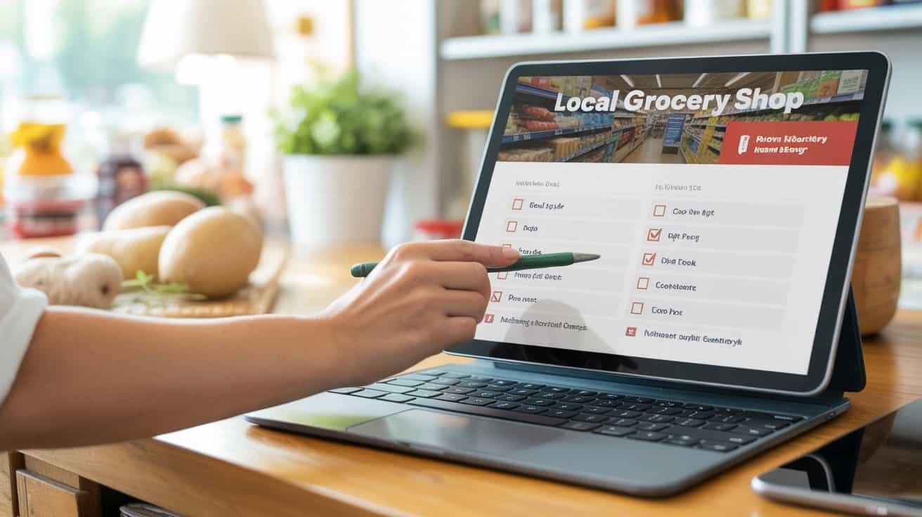 Website tool interface displaying a grocery shopping checklist on a tablet at a kitchen counter.