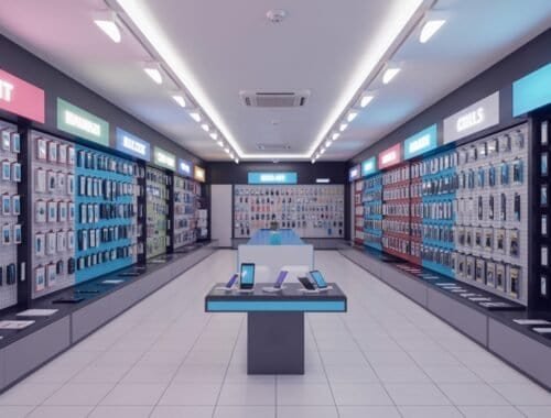 Smartphone display section in an electronics store with various mobile accessories and gadgets.