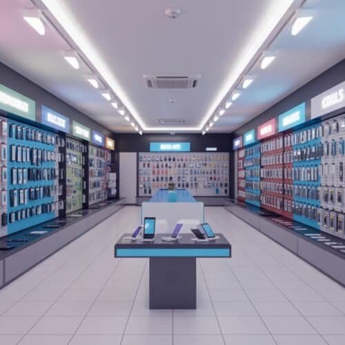 Website Checklist for Mobile Accessories Shop 3 Smartphone display section in an electronics store with various mobile accessories and gadgets.