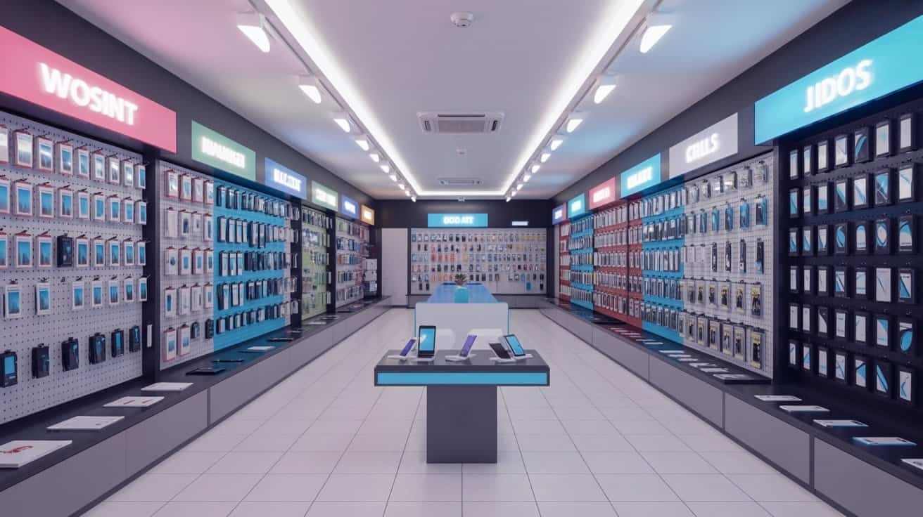 Smartphone display section in an electronics store with various mobile accessories and gadgets.