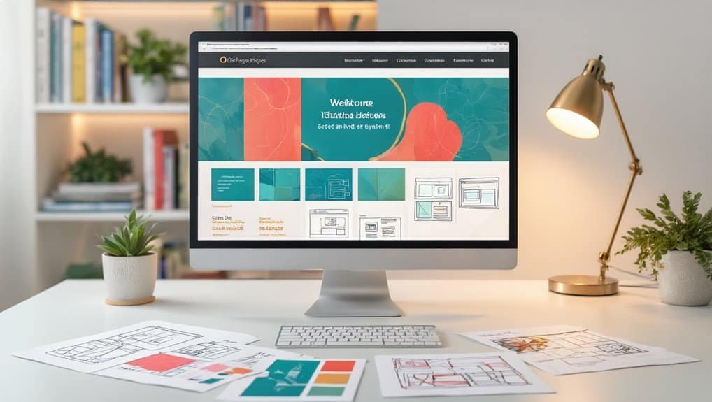 Alt text only: Modern computer monitor displaying website templates for interior design, on a clean desk with sketches, plants, and a stylish desk lamp.