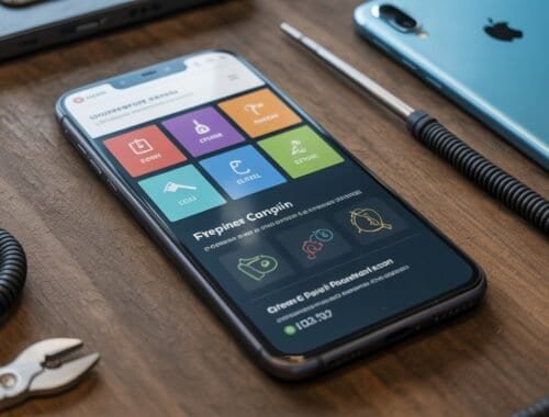 Online mobile phone repair service app interface on a sleek smartphone with various repair options displayed on the screen.