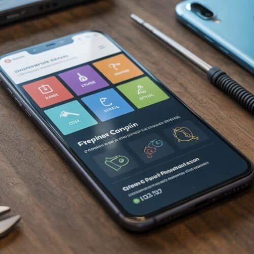 Website Checklist for Mobile Repair Services 9 Online mobile phone repair service app interface on a sleek smartphone with various repair options displayed on the screen.