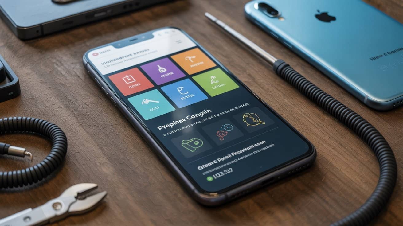 Website Checklist for Mobile Repair Services 1 Online mobile phone repair service app interface on a sleek smartphone with various repair options displayed on the screen.