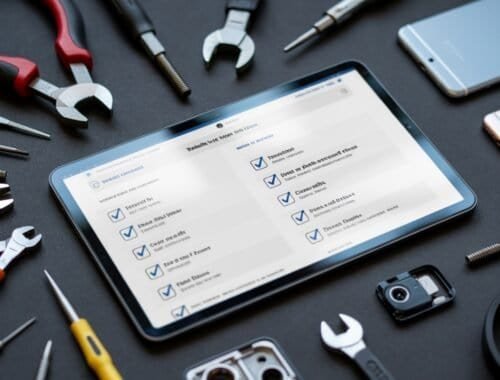 Digital tablet displaying website tools checklist, surrounded by repair tools and smartphones on black surface, tech and maintenance concept, high-resolution image.